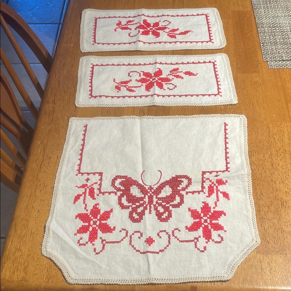 Handmade Red Cross-Stitch Butterfly & Floral Set
